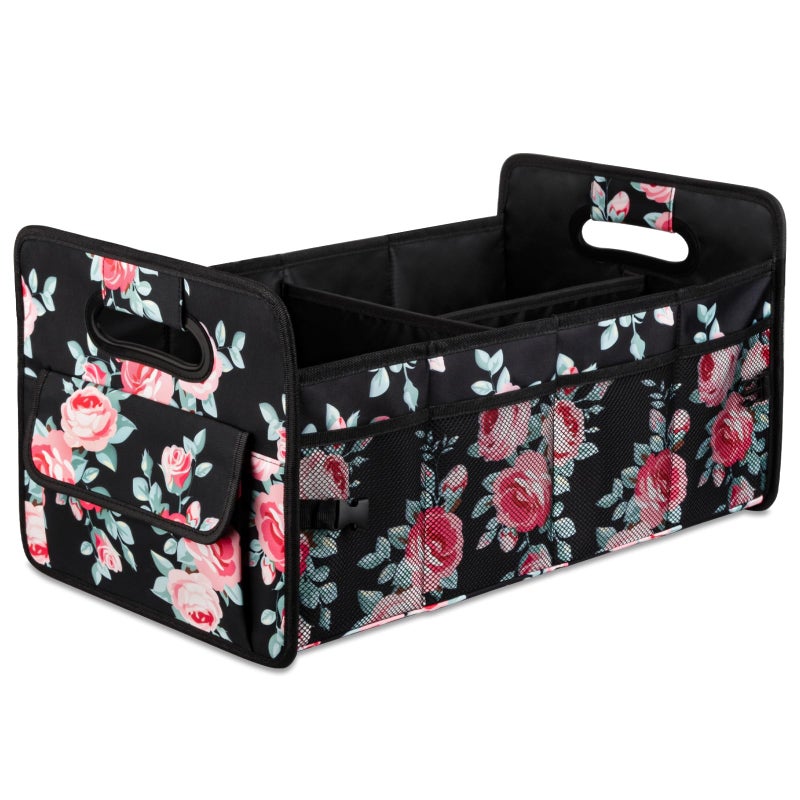 JiatuA Car Trunk Organizers and Storage Collapsible Multi Compartment Container Box, Adjustable Car Accessories for SUV Sedan Truck, Standard Size, Black Floral - Image 1